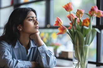 A businesswoman sits dreamily and thoughtfully at a table, next to a vase of flowers with tulips