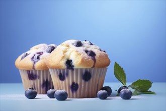 Blueberry muffins on blue background. KI generiert, generiert AI generated