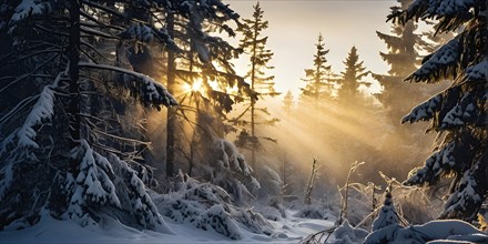 Fog covered forest in winter with snow covered trees and a mystic golden sunlight, AI generated