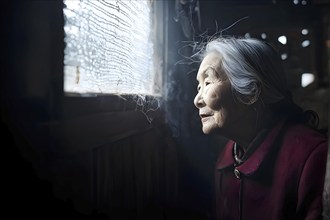 Elderly old woman lost in the realm looking out of a weathered window as symbol for loneliness, AI