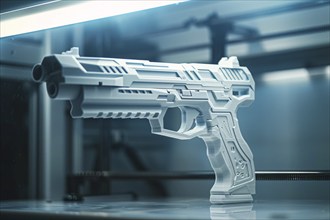 White gun printed in 3D printer. KI generiert, generiert, AI generated