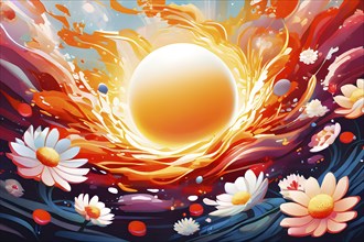 An energetic, abstract explosion of spring colors with egg and flower motifs subtly integrated,