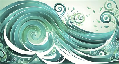 Illustration of swirling ocean waves and recycling symbols to represent clean oceans and