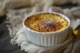 Creme Brulee dessert in white cremaic ramekin. Generative Ai, AI generated