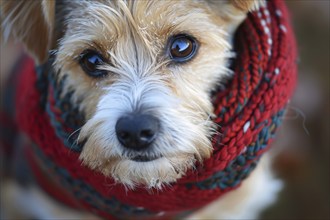 Close up of dog wrapped in warm knitted winter scarf. Generative AI, AI generated