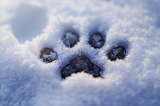 Close up of dog's paw print in snow. Generative Ai, AI generated