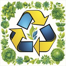 Recycling symbol morphing into growing plants and solar cells to symbolize the transformation of