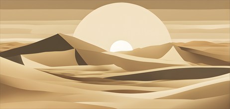 Abstract desert scene with triangular sand dunes and a single circular sun, using sharp lines and