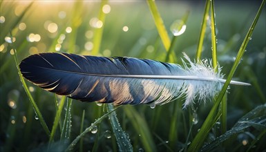 A lone feather resting gently on a dew-covered grassy field, with soft morning light illuminating