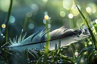 A lone feather resting gently on a dew-covered grassy field, with soft morning light illuminating