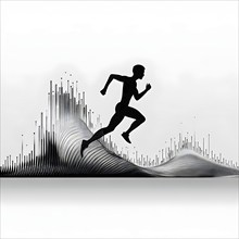 Wave of data points shaping into a runners silhouette, abstract illustration in black and white,