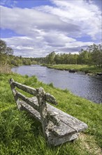 Old weathered wooden bench on riverbank along the river Spey in spring at Grantown-on-Spey,