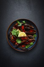 Mussels in tomato sauce, homemade, no people