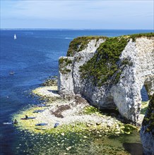 People on paddleboards, White Cliffs. Old Harry Rocks Jurassic Coast, Dorset Coast, Poole, England,