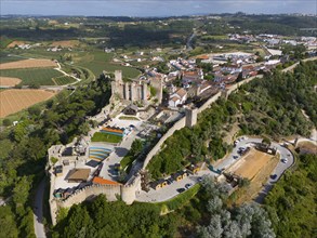 Aerial view of a large castle and fortress surrounded by trees and farmland showing historic