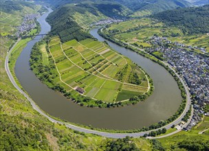 A winding river in the middle of a green, hilly landscape with vineyards, a neighbouring village