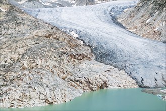 Rhone glacier, valley glacier in the headwaters of the Rhone in the Swiss Alps. Melting glacier,