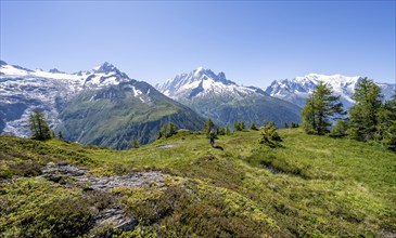 Mountaineer in front of a mountain panorama with glaciated mountain peaks, Aiguille Verte with