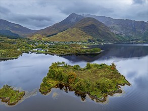 Mountains reflected in fjord, coast, island, autumn, cloudy, aerial view, Loch Leven, view of