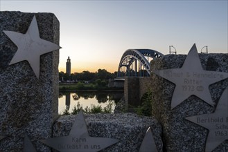 View of the Sternbrücke and the Albin Müller Tower shortly in front of sunrise, Magdeburg,