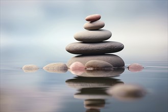 Stack of zen stones on water with a nature background. The image conveys a sense of balance,