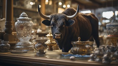 Very large bull with horns in a China shop filled with glassware. generative AI, AI generated