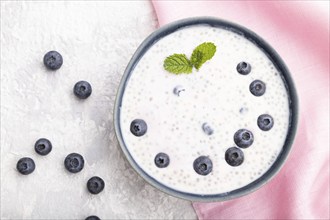 Yogurt with blueberry in ceramic bowl on gray concrete background and pink linen textile. top view,