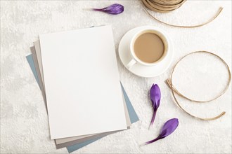 White paper sheet mockup with spring snowdrop crocus flowers and cup of coffee on gray concrete