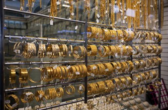 Gold in shop window, display, offer, wedding jewellery, gold souq, market, Deira, Dubai, United