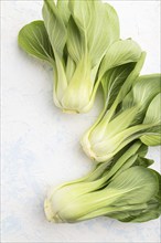 Fresh green bok choy or pac choi chinese cabbage on a white concrete background. Top view, close