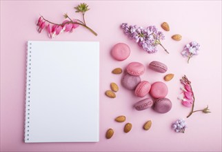 Purple and pink macaron or macaroon cakes with notebook and lilac and bleeding heart flowers on