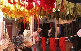 In the dyers' souk of Marrakech, Morocco, Africa