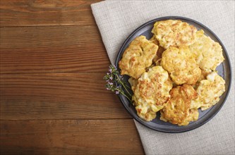 Minced chicken cutlets on brown wooden background. top view, flat lay, copy space