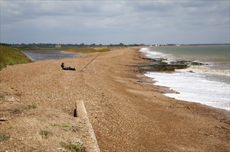 Man sea fishing from the shingle beach at East Lane, Bawdsey, Suffolk, England, UK