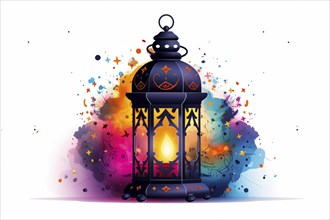 Vibrant illustration of a Ramadan lantern, surrounded by a colorful splash of lights and stars,