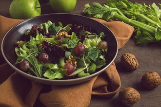 Fresh, Waldorf salad, celery stalk with chicken, apple and walnut, grapes, herbs, homemade, no