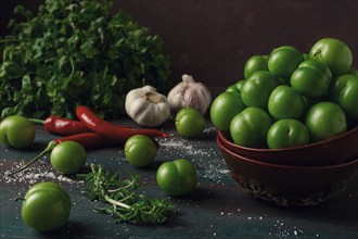 Tkemali, green cherry plum, with ingredients for sauce, cilantro, mint, hot pepper, garlic, on a