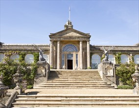 Terrace garden and entrance Bowood House and gardens, Calne, Wiltshire, England, UK