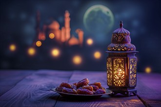 Ramadan lantern with a plate of succulent figs in violet purple tones with mosque and moon, set on