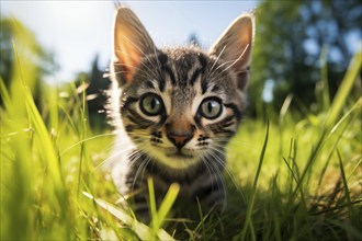 Playful Cute Kitten outdoors in Sunlit Grass. Kitten excitement and wonder as it explores the