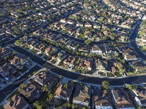 Aerial view of populated neigborhood of houses