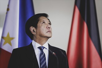 Ferdinand Marcos Jr, President of the Philippines, speaks to the media after a joint meeting with