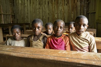 Pygmy children from the BaAka people at the school desk, Libongo, Est region, Cameroon, Africa