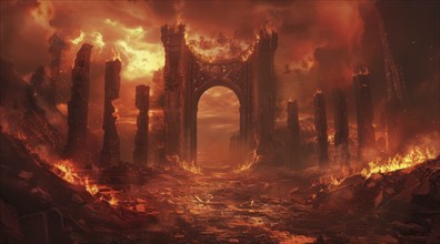 A fiery, dark and ominous scene with a large archway leading into a fiery abyss. Hell gates, AI