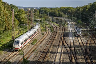 Tracks in front of Essen main station, 7 parallel tracks, ICE 4 train, North Rhine-Westphalia,