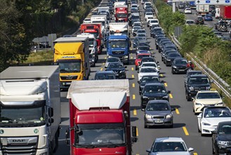 Traffic jam on the A3 motorway, over 8 lanes, in both directions, in front of the Leverkusen