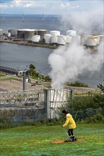 CopenHill, waste incineration plant and artificial ski slope, skiing with a view of the Øresund, 90