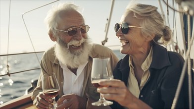 Senior caucasian couple enjoying drinks on the deck of their yacht in the ocean, generatvie AI, AI