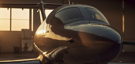 Private luxury jet airplane waiting in the hangar at sunset, generatvie AI, AI generated