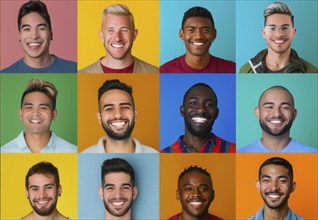 Diverse group of men posing for portraits. Multiple portraits with colored backgrounds, AI